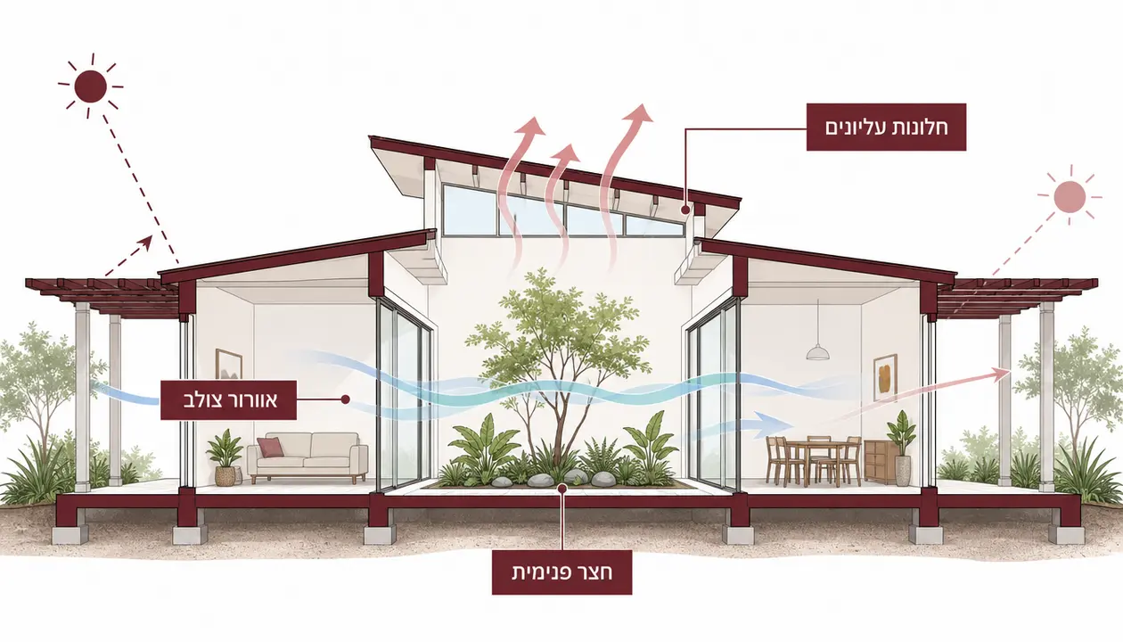 באילו דרכים מכניסים אוורור צולב ואור טבעי למבנה רחב?